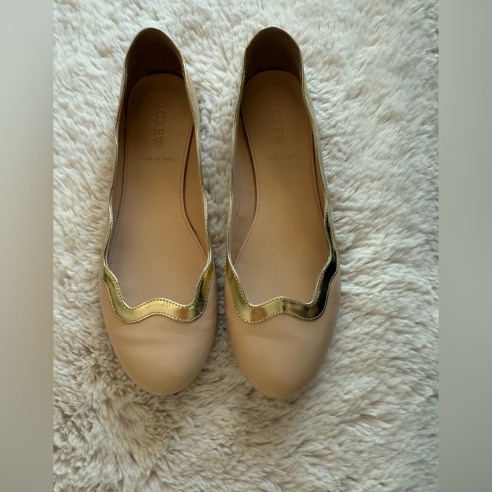 J Crew gold trimmed sand leather ballet flats size 7